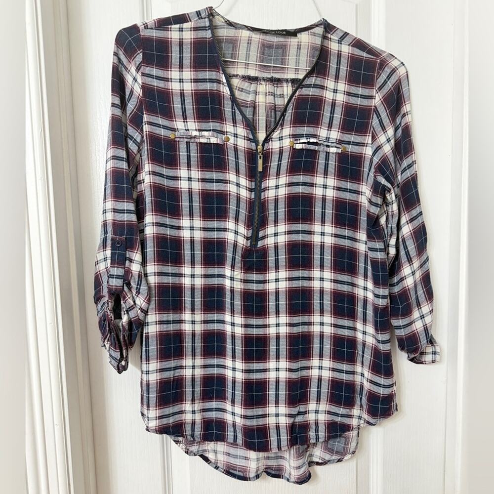 New Look Quarter Zip Roll Tab Plaid Blue Red Blouse Size S